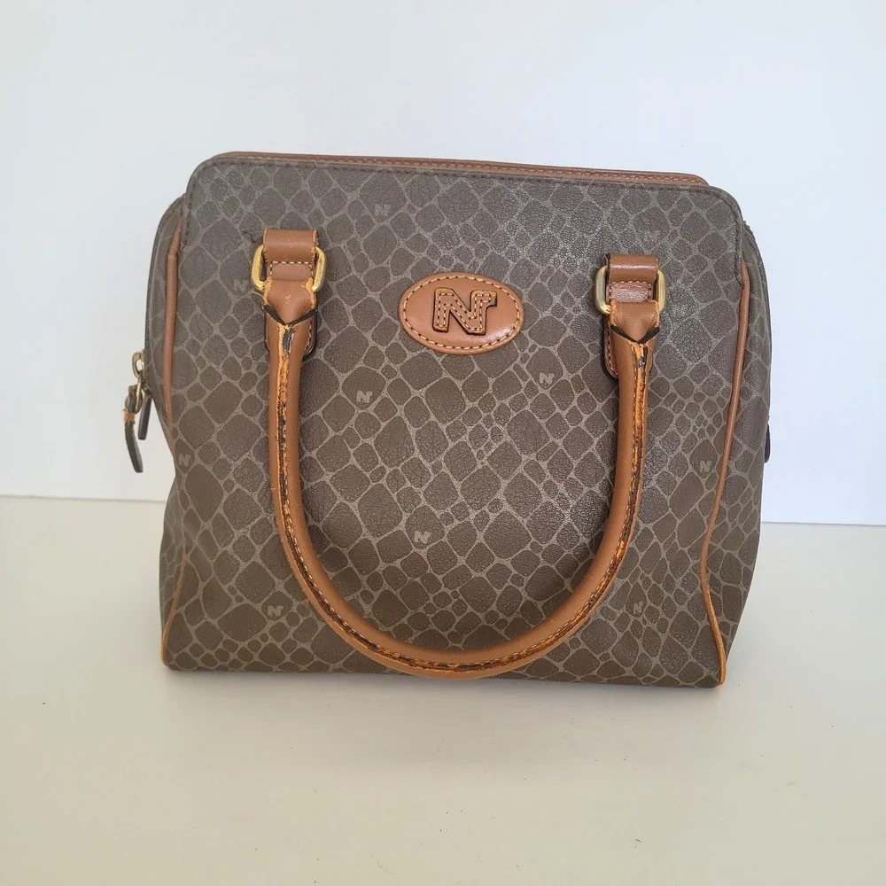 Nina Ricci Vintage‎ Brown Textured Satchel Bag Top Handle Logo Print Handbag